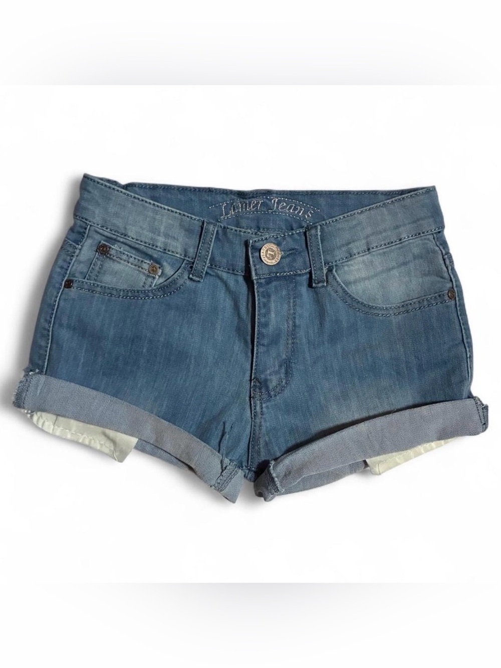 Low-Rise Blue Denim Cuffed Jean Shorts -